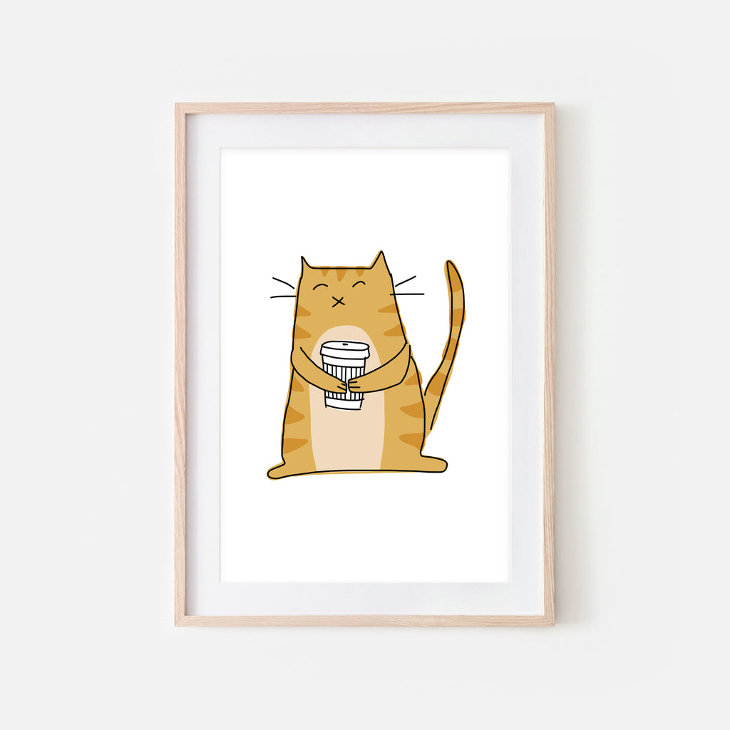 Coffee Lover Orange Tabby Cat Wall Art - Line Drawing Illustration - Print, Poster or Printable Download