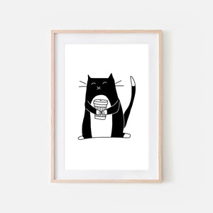 Coffee Lover Tuxedo Cat Wall Art - Black and White Line Drawing Illustration - Print, Poster or Printable Download