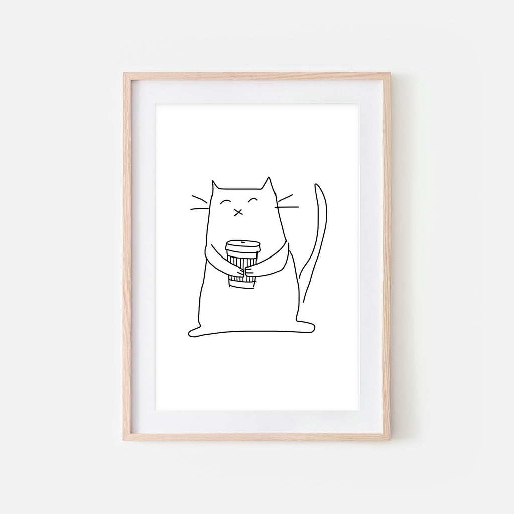 Coffee Lover White Cat Wall Art - Black and White Line Drawing Illustration - Print, Poster or Printable Download
