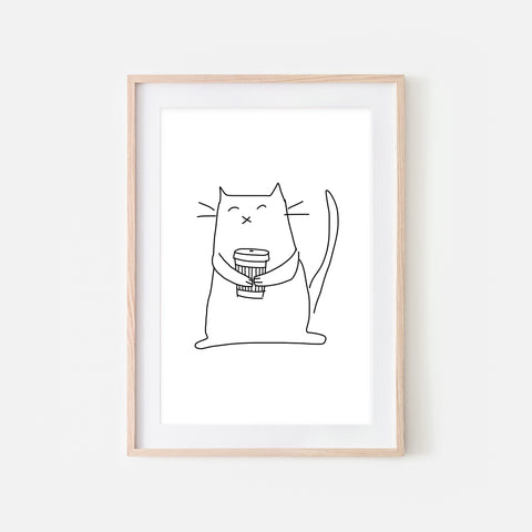 Coffee Lover White Cat Wall Art - Black and White Line Drawing Illustration - Print, Poster or Printable Download