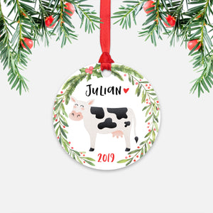 Cow Farm Animal Personalized Kids Name Christmas Ornament for Boy or Girl - Round Aluminum - Red ribbon