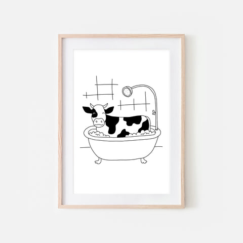 Cow - Farm Animal in Bathtub Wall Art - Funny Bathroom Decor - Black and White Drawing - Downloadable Print
