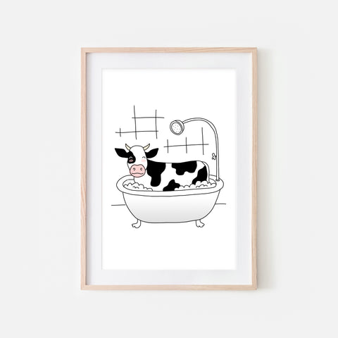 Cow - Animal in Bathtub Art - Funny Farm Theme Bathroom Wall Decor for Kids - Printable Digital Download Illustration
