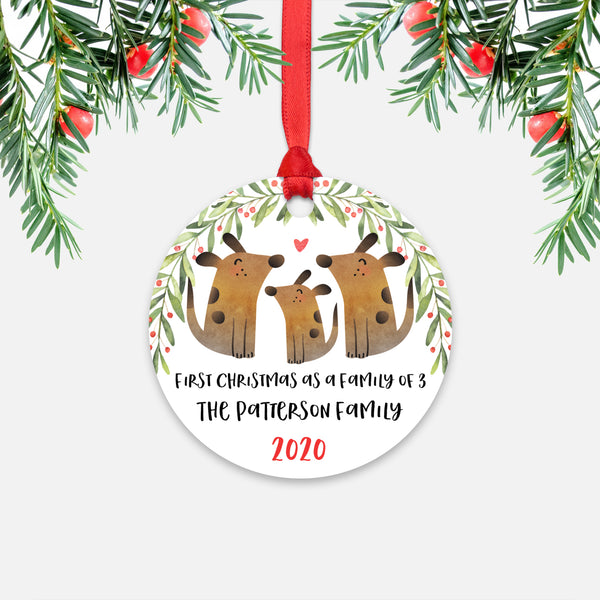 Dog Animal First Christmas as a Family of 3 Personalized Ornament for New Baby Girl Boy - Round Aluminum - Red ribbon