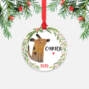 Dog Pet Animal Personalized Kids Name Christmas Ornament for Boy or Girl - Round Aluminum - Red ribbon
