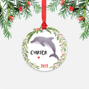 Dolphin Sea Ocean Animal Personalized Kids Name Christmas Ornament for Boy or Girl - Round Aluminum - Red ribbon