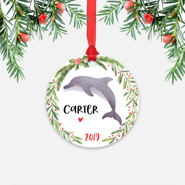 Dolphin Sea Ocean Animal Personalized Kids Name Christmas Ornament for Boy or Girl - Round Aluminum - Red ribbon