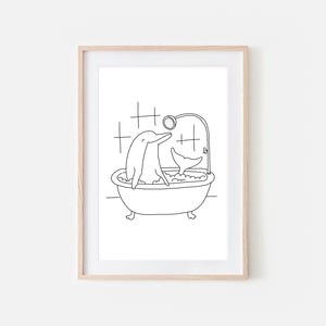 Dolphin - Sea Animal in Bathtub Wall Art - Funny Bathroom Decor - Black and White Drawing - Downloadable Print