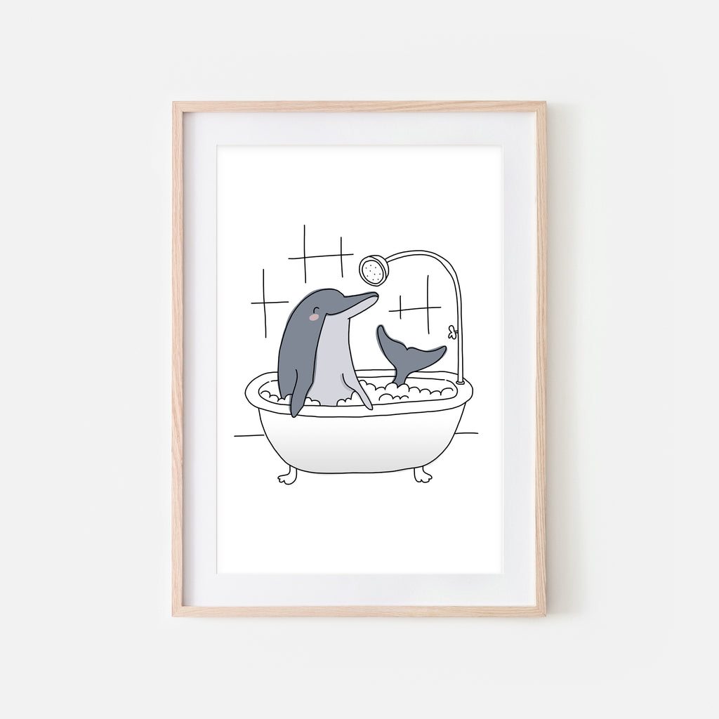 Dolphin - Animal in Bathtub Art - Funny Sea Theme Bathroom Wall Decor for Kids - Printable Digital Download Illustration