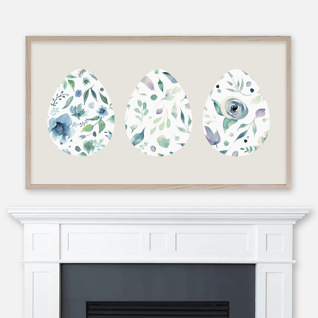Easter Samsung Frame TV Art 4K - Three White Eggs with Painted Watercolor Floral Patterns - Blue Mint Green Purple - Digital Download