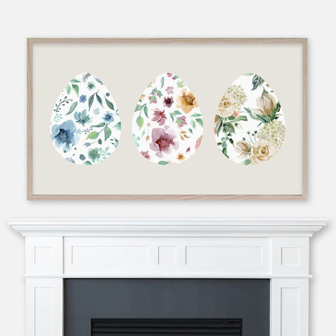 Easter Samsung Frame TV Art 4K - Three White Eggs with Painted Watercolor Floral Patterns - Blue Pink Yellow Beige Green - Digital Download