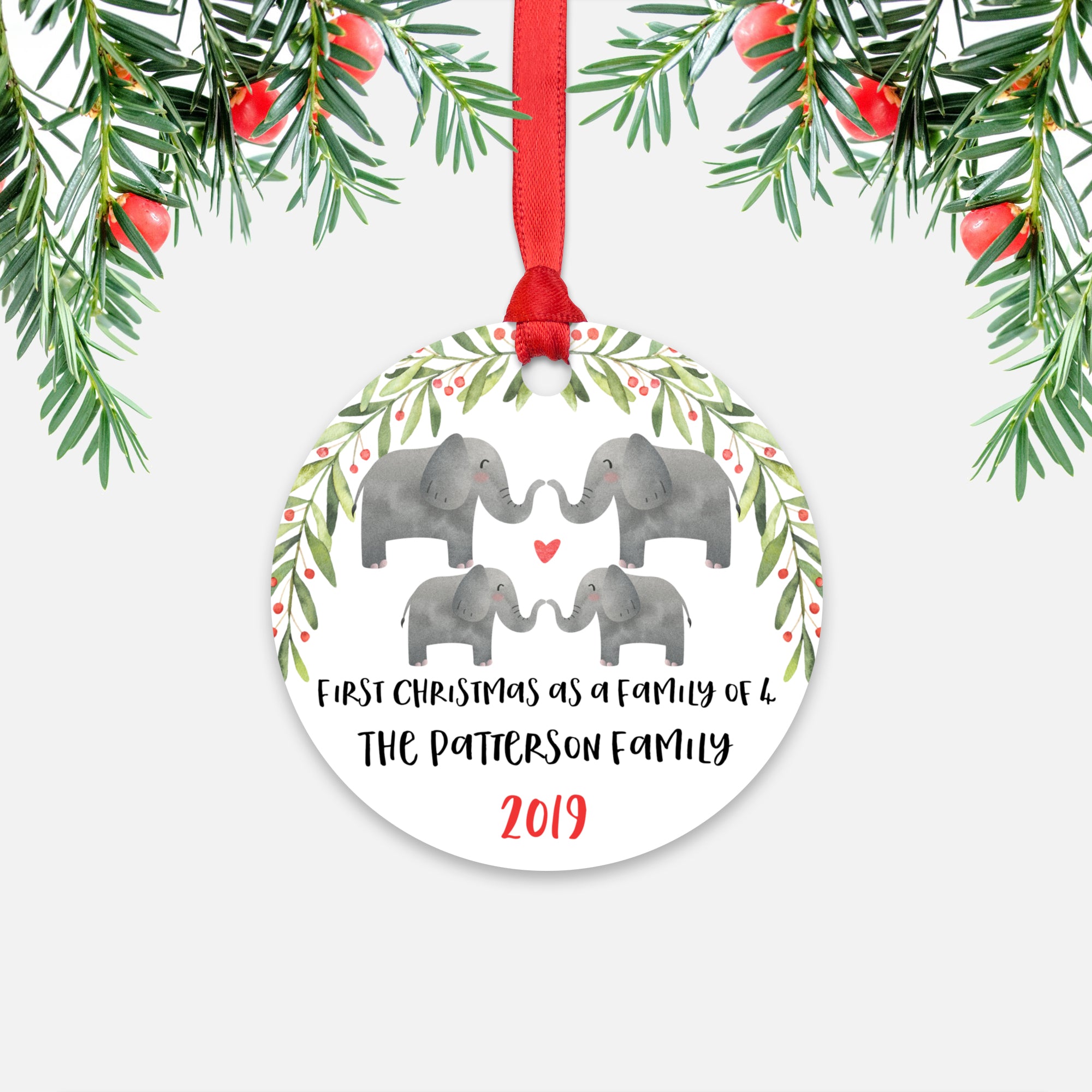 Elephant Animal First Christmas as a Family of 4 Personalized Ornament for New Baby Girl Boy - Round Aluminum - Red ribbon