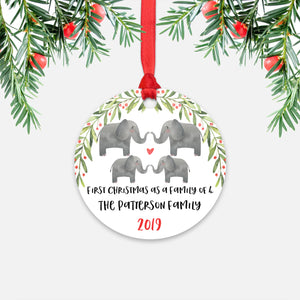 Elephant Animal First Christmas as a Family of 4 Personalized Ornament for New Baby Girl Boy - Round Aluminum - Red ribbon