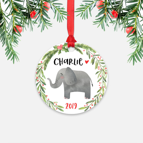 Elephant Safari Animal Personalized Kids Name Christmas Ornament for Boy or Girl - Round Aluminum - Red ribbon