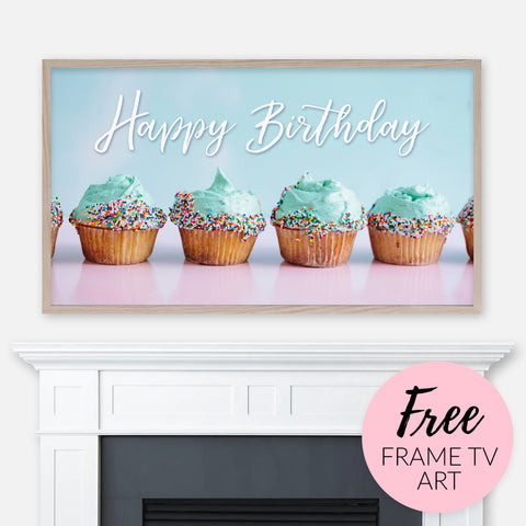 Free image for Samsung Frame TV - Happy Birthday cupcakes with colorful sprinkles displayed above fireplace
