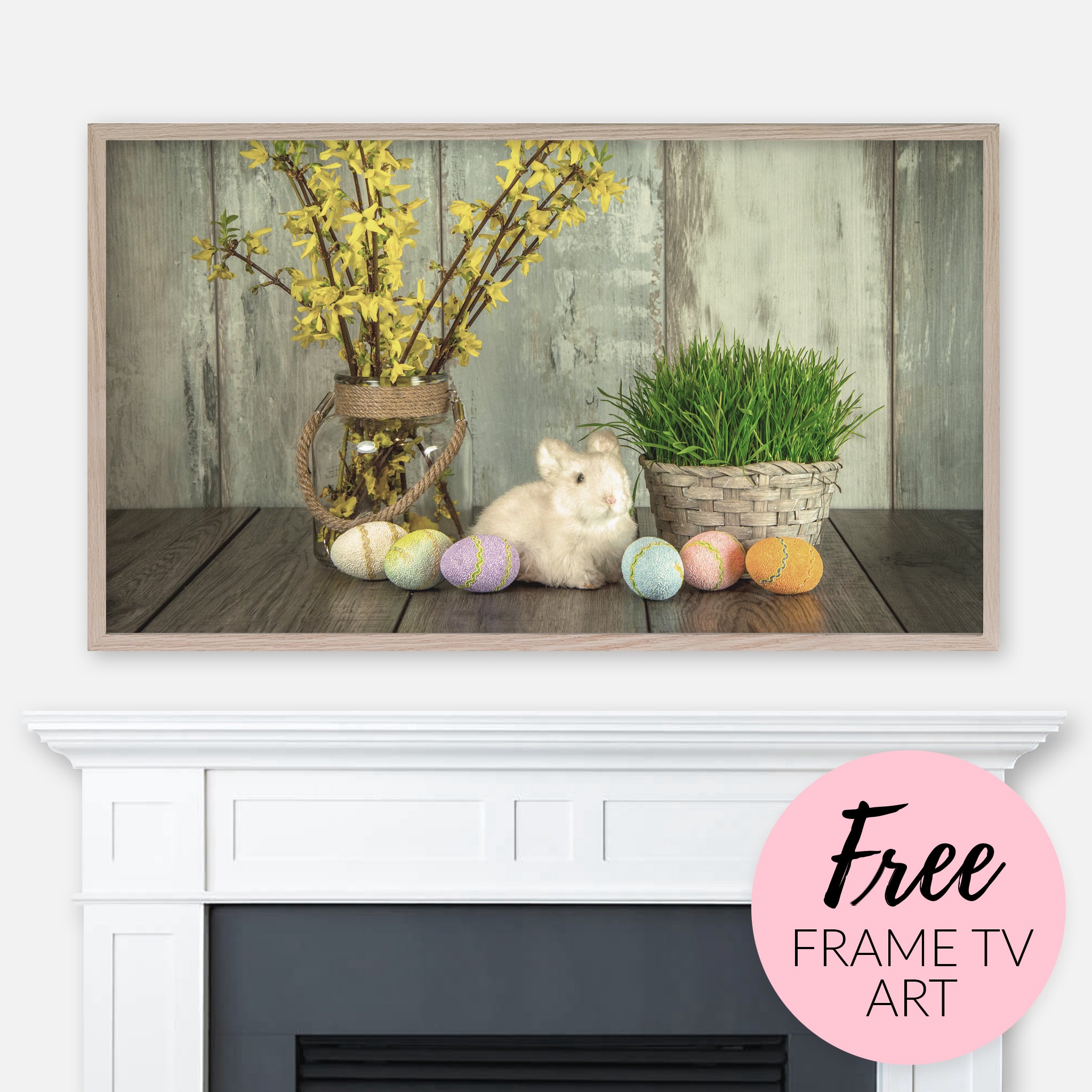 Free Easter Samsung Frame TV Art Digital Download - Cute Bunny, Eggs, Flowers & Green Plant