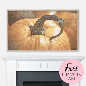 Free Frame TV Art Download - Digital watercolor painting of a close-up of a large orange pumpkin displayed above fireplace