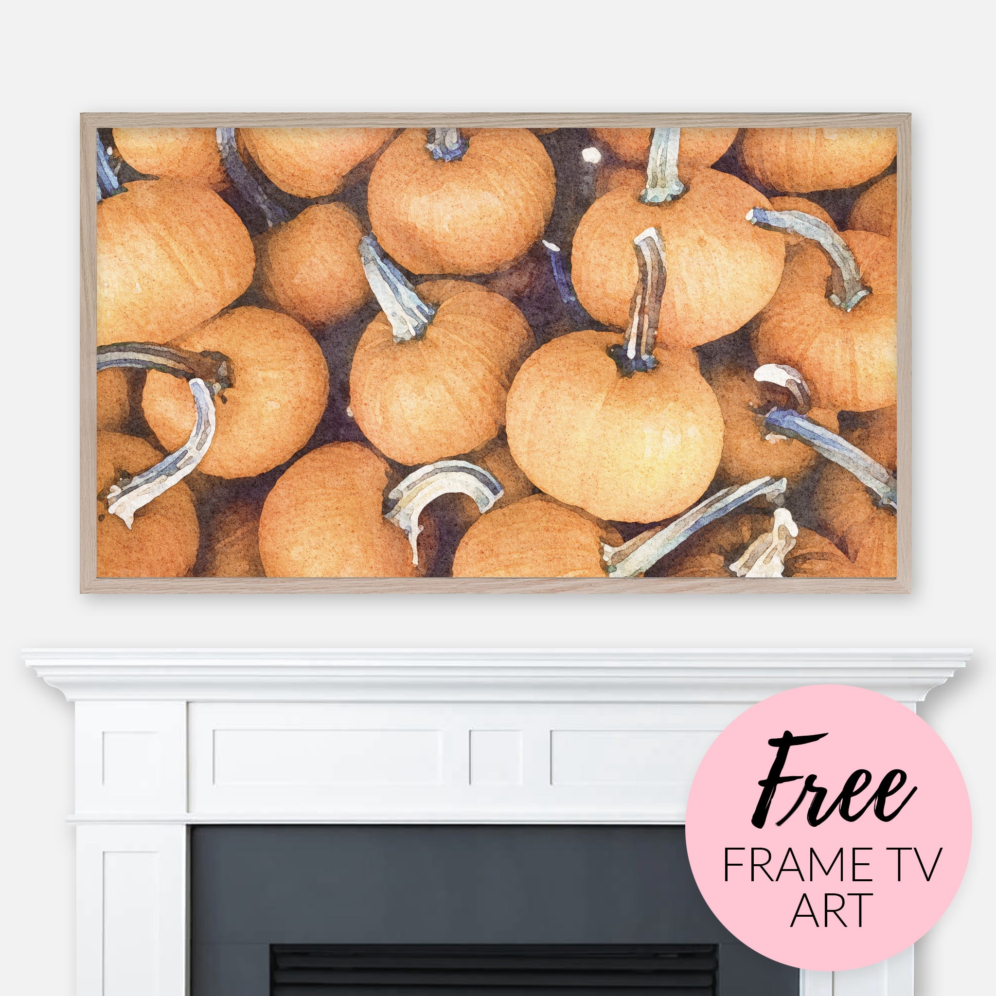 Free Frame TV Art Download - Digital watercolor painting of a pile of pumpkins displayed above fireplace