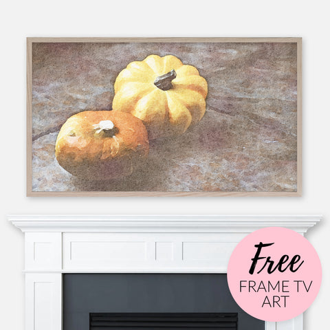 Free Frame TV Art Download - Digital watercolor painting of a mini pumpkin and squash on a table displayed above fireplace
