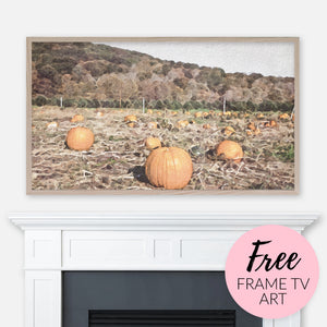 Free Frame TV Art Download - Digital watercolor landscape painting of a country pumpkin patch displayed above fireplace