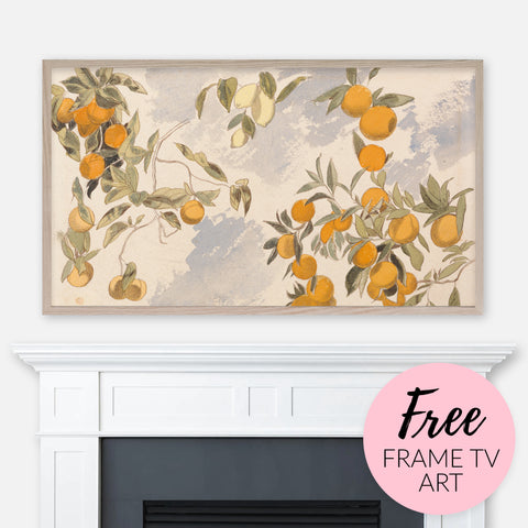 Free art for Samsung Frame TV - Fruit Trees vintage painting by Edward Lear displayed above fireplace