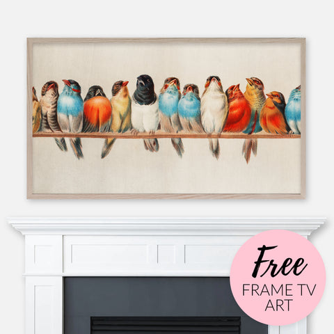 Free art for Samsung Frame TV - Perch of birds vintage illustration displayed above fireplace