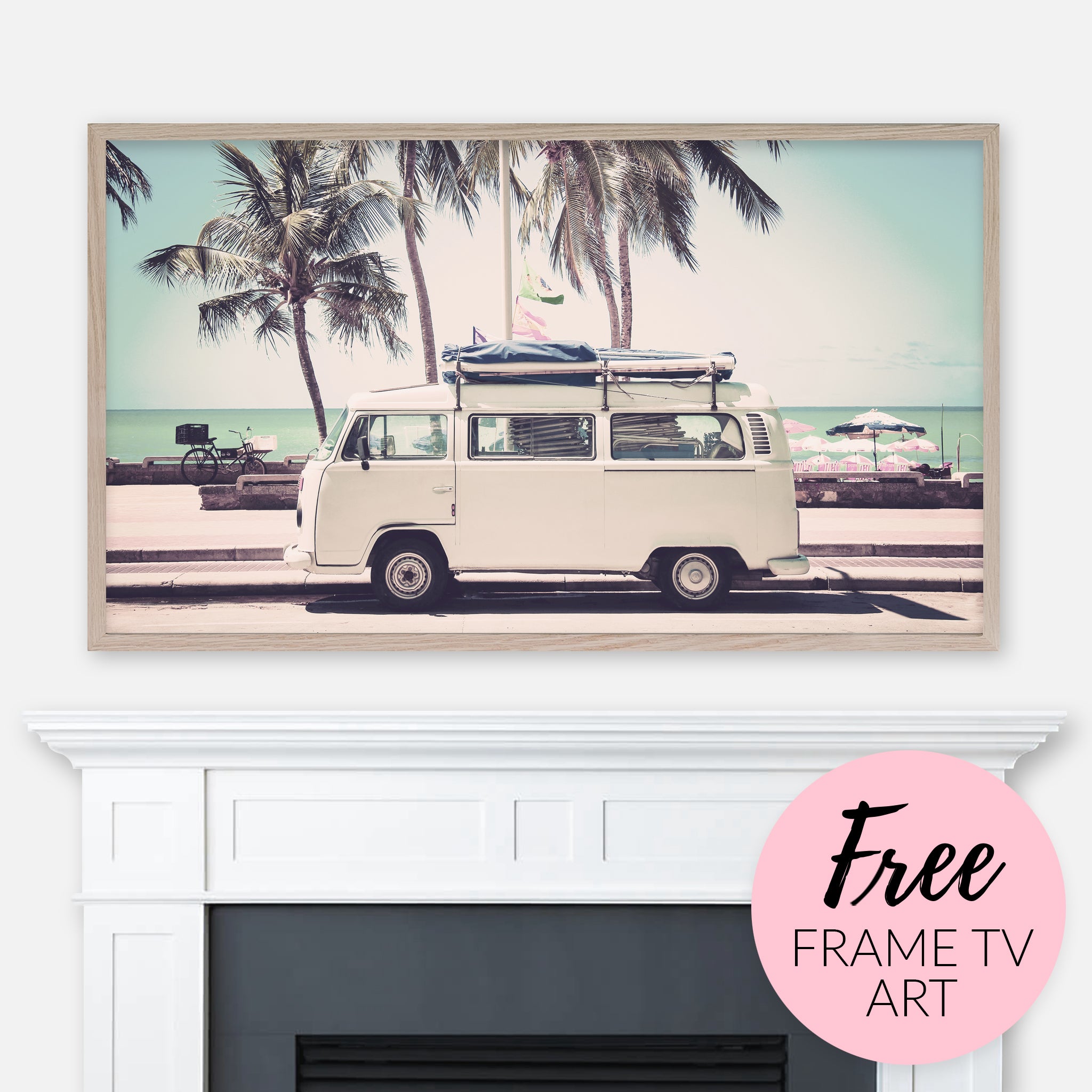 Free Summer Samsung Frame TV Art Digital Download 4K - Camper Van on Beach with Palm Trees Photography