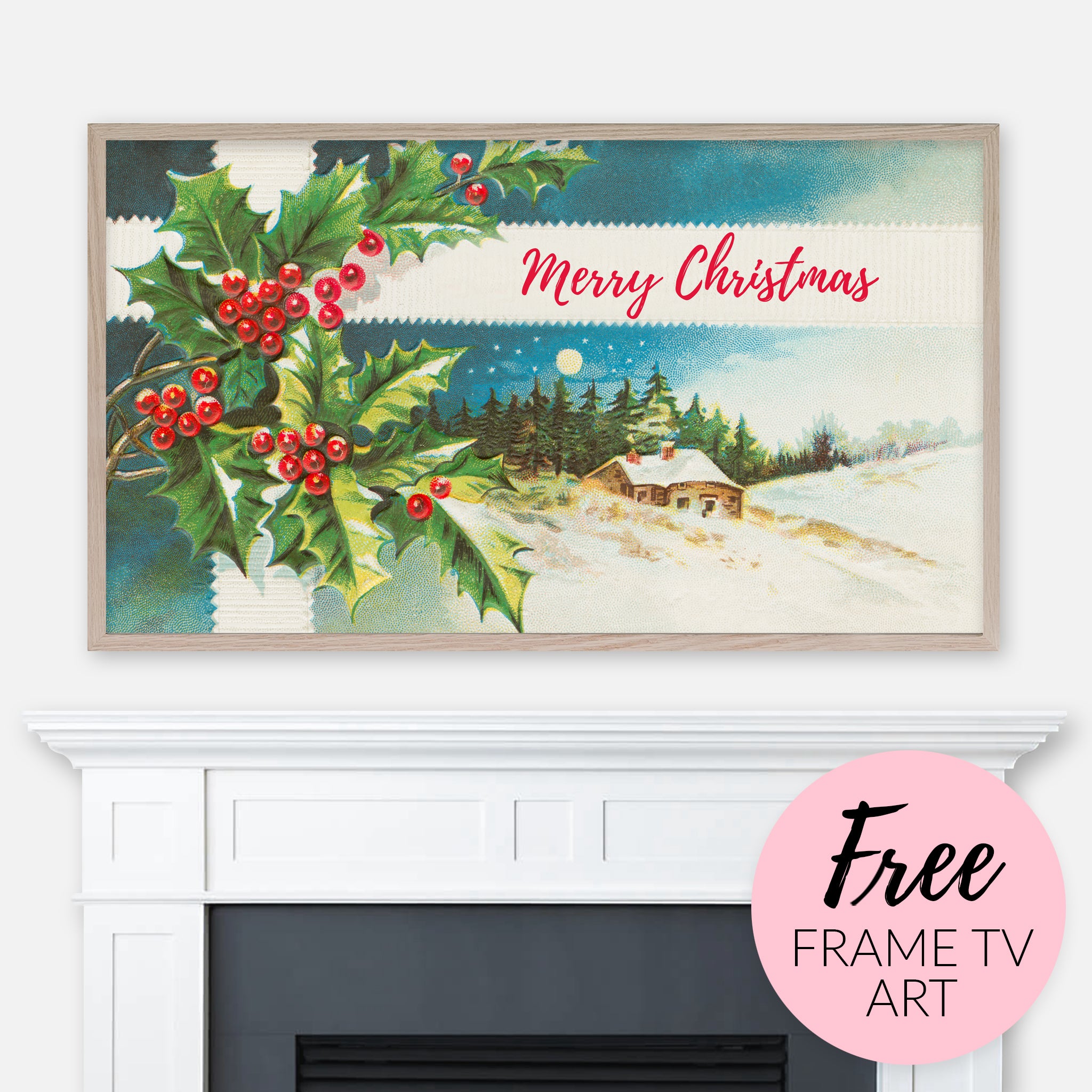 Free image for Samsung Frame TV - Merry Christmas Vintage Postcard displayed above fireplace