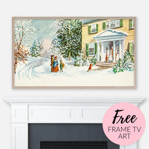 Free image for Samsung Frame TV - To the Folks Back Home Vintage Christmas Card Illustration displayed above fireplace