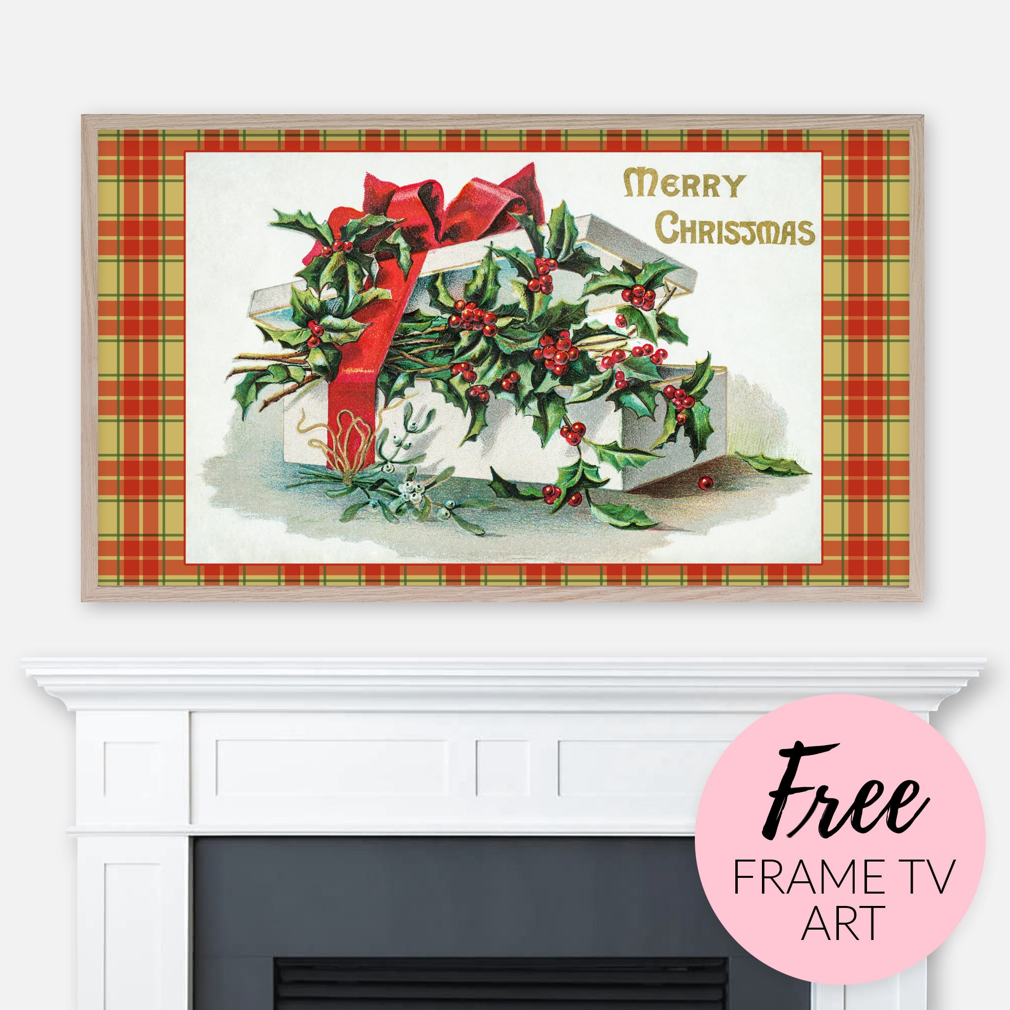 Free image for Samsung Frame TV - Vintage Christmas Card on Festive Plaid Background displayed above fireplace