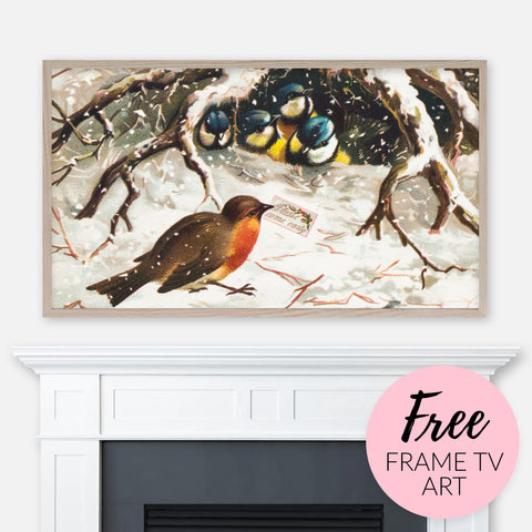 Free image for Samsung Frame TV - Vintage Christmas Postcard Depicting Birds in Snow displayed above fireplace