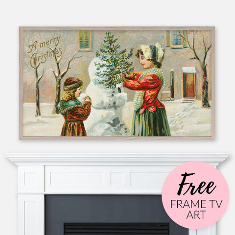 Free Christmas image for Samsung Frame TV - Vintage illustration of a girl and a woman making a snowman displayed above fireplace