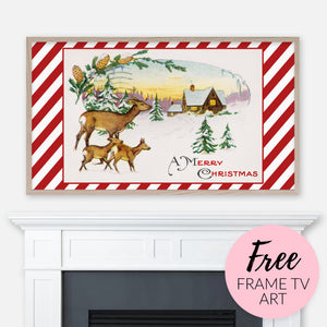 Free Christmas image for Samsung Frame TV - Vintage illustration of deer and snowy cabin landscape displayed above fireplace