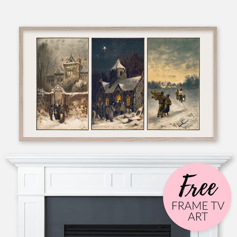 Free Christmas image for Samsung Frame TV - Vintage Christmas Card Depicting Winter Scenes displayed above fireplace