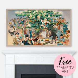 Free image for Samsung Frame TV - Christmas Tree Vintage Illustration displayed above fireplace