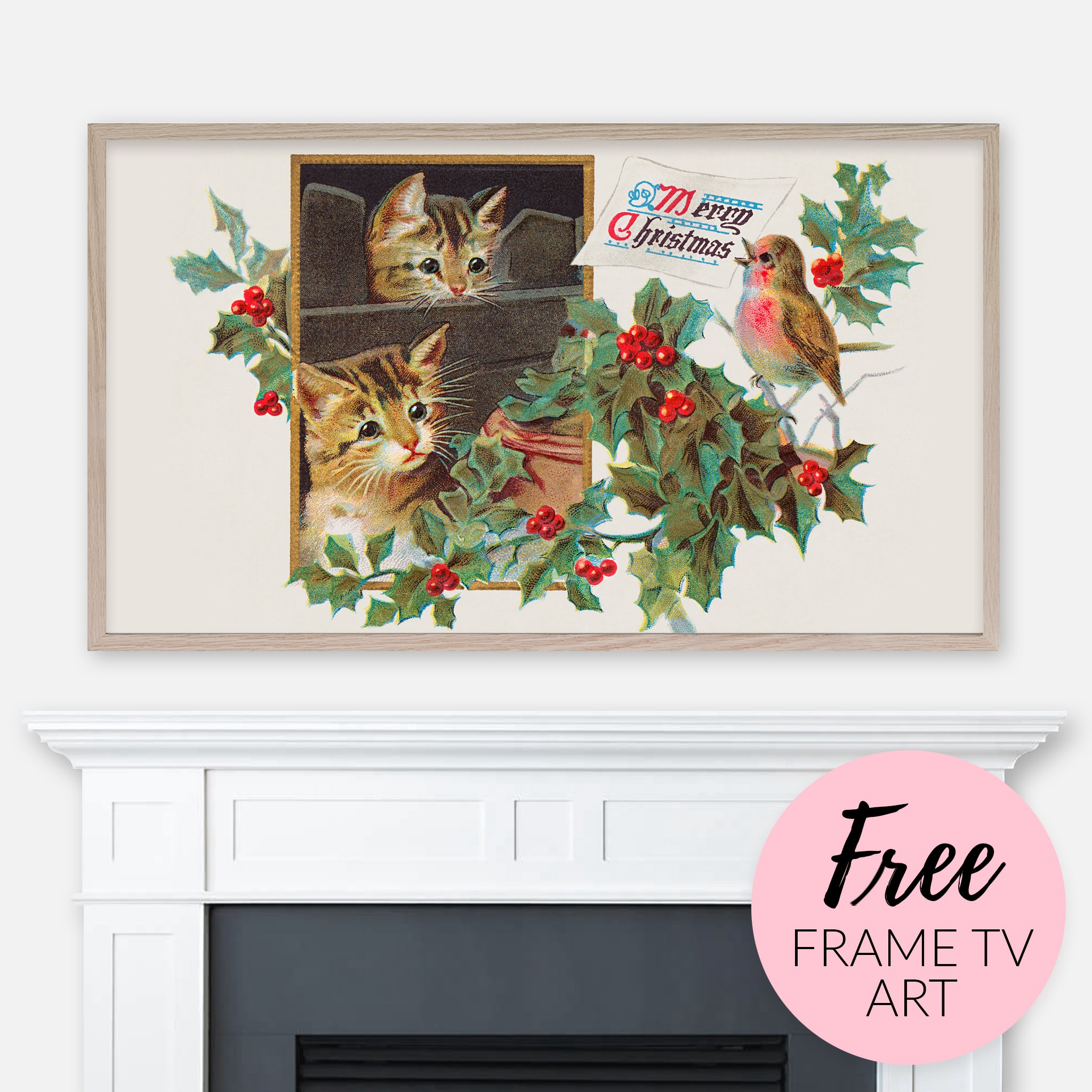 Free image for Samsung Frame TV - Vintage Christmas Illustration with kittens and a bird displayed above fireplace