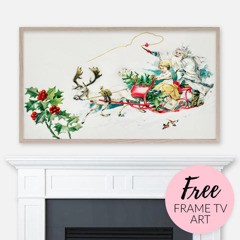 Free image for Samsung Frame TV - Santa’s Sleigh Vintage Illustration displayed above fireplace