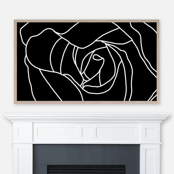 Black and white minimalist rose close-up line art displayed full screen in Samsung Frame TV above fireplace