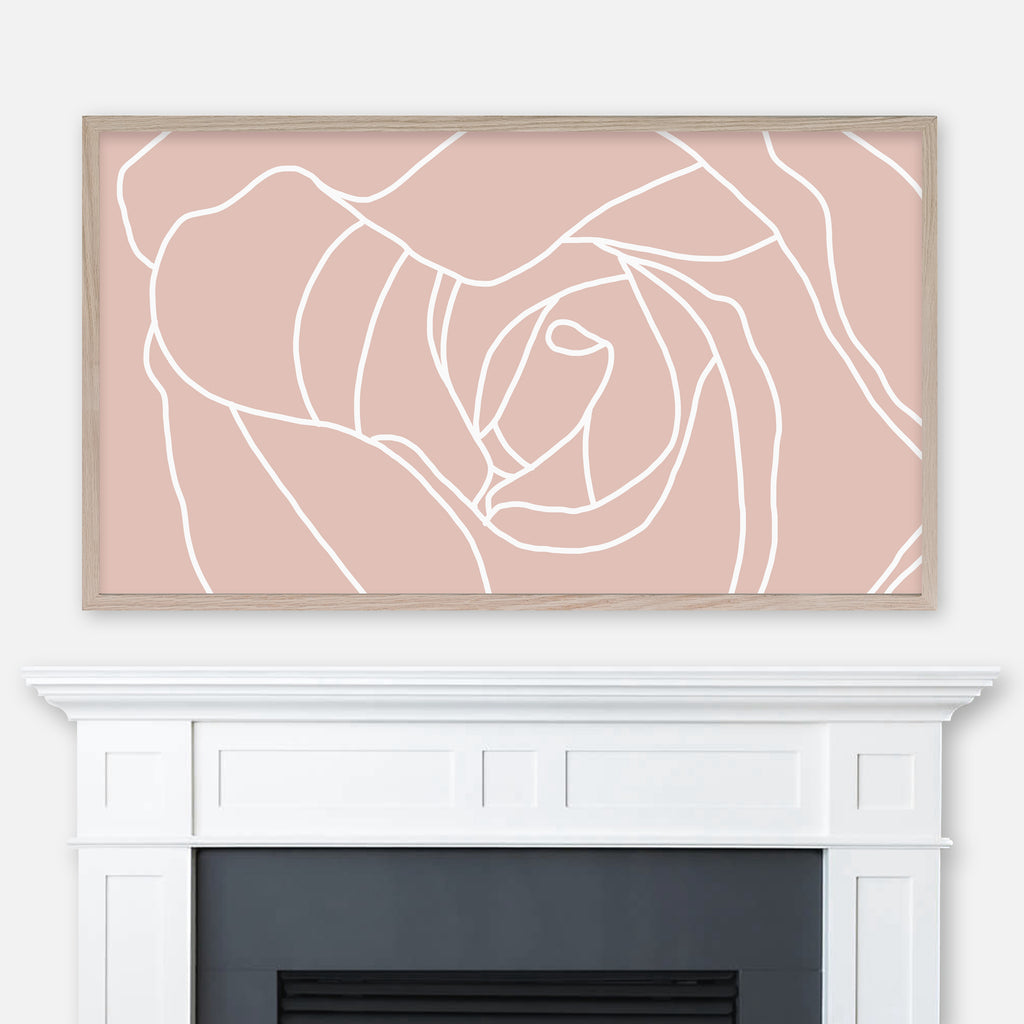 Pinkish beige and white minimalist rose close-up line art displayed full screen in Samsung Frame TV above fireplace