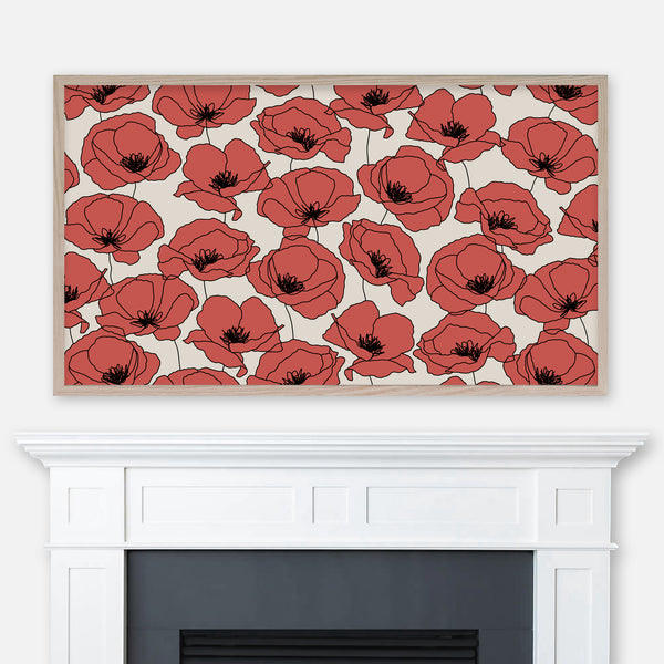 Red poppy flowers line drawing on beige background displayed full screen in Samsung Frame TV above fireplace