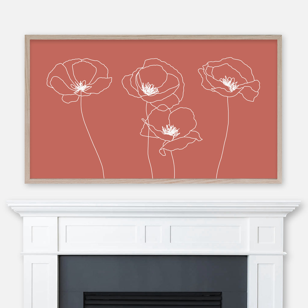 White minimalist poppy flowers line art on terracotta red background displayed full screen in Samsung Frame TV above fireplace