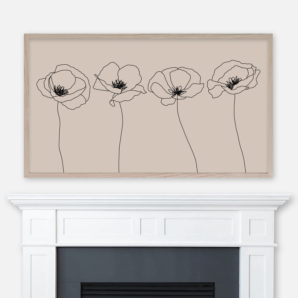 Black on beige minimalist poppy flowers line art displayed full screen in Samsung Frame TV above fireplace