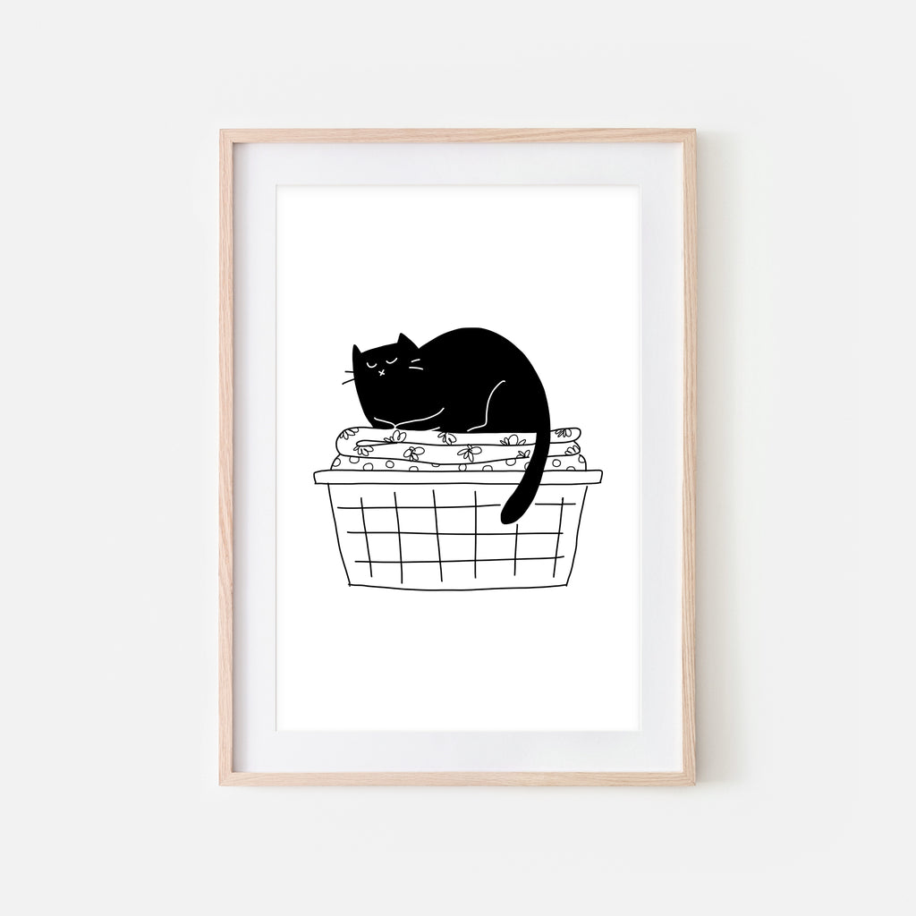 Black Cat in Folded Laundry Basket - Funny Laundry Room Decor - Printable Wall Art