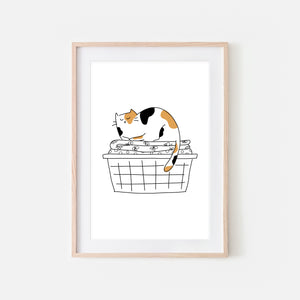 Calico Cat in Folded Laundry Basket - Funny Laundry Room Decor - Printable Wall Art