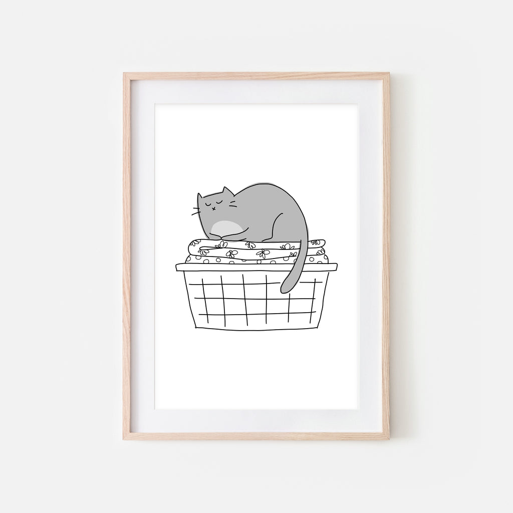 Gray Cat in Folded Laundry Basket - Funny Laundry Room Decor - Printable Wall Art