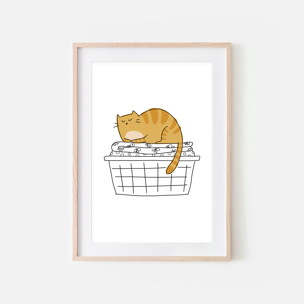 Orange Tabby Cat in Folded Laundry Basket - Funny Laundry Room Decor - Printable Wall Art