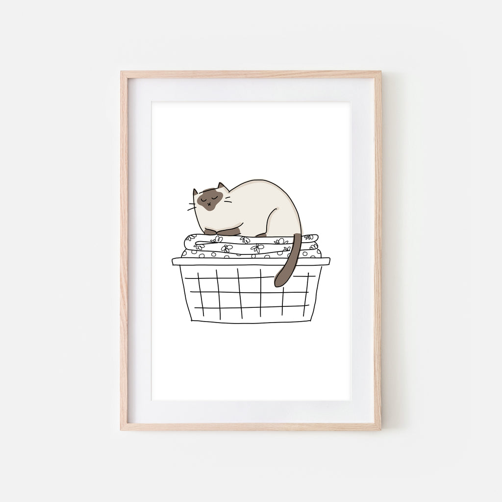 Siamese Cat in Folded Laundry Basket - Funny Laundry Room Decor - Printable Wall Art