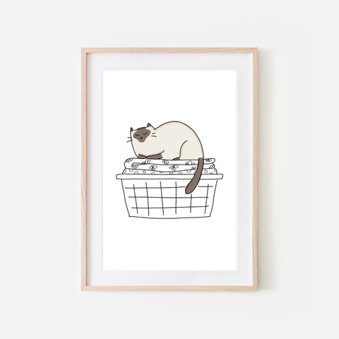 Siamese Cat in Folded Laundry Basket - Funny Laundry Room Decor - Printable Wall Art