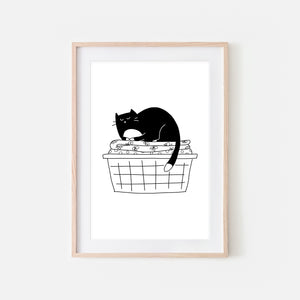 Tuxedo Cat in Folded Laundry Basket - Funny Laundry Room Decor - Printable Wall Art
