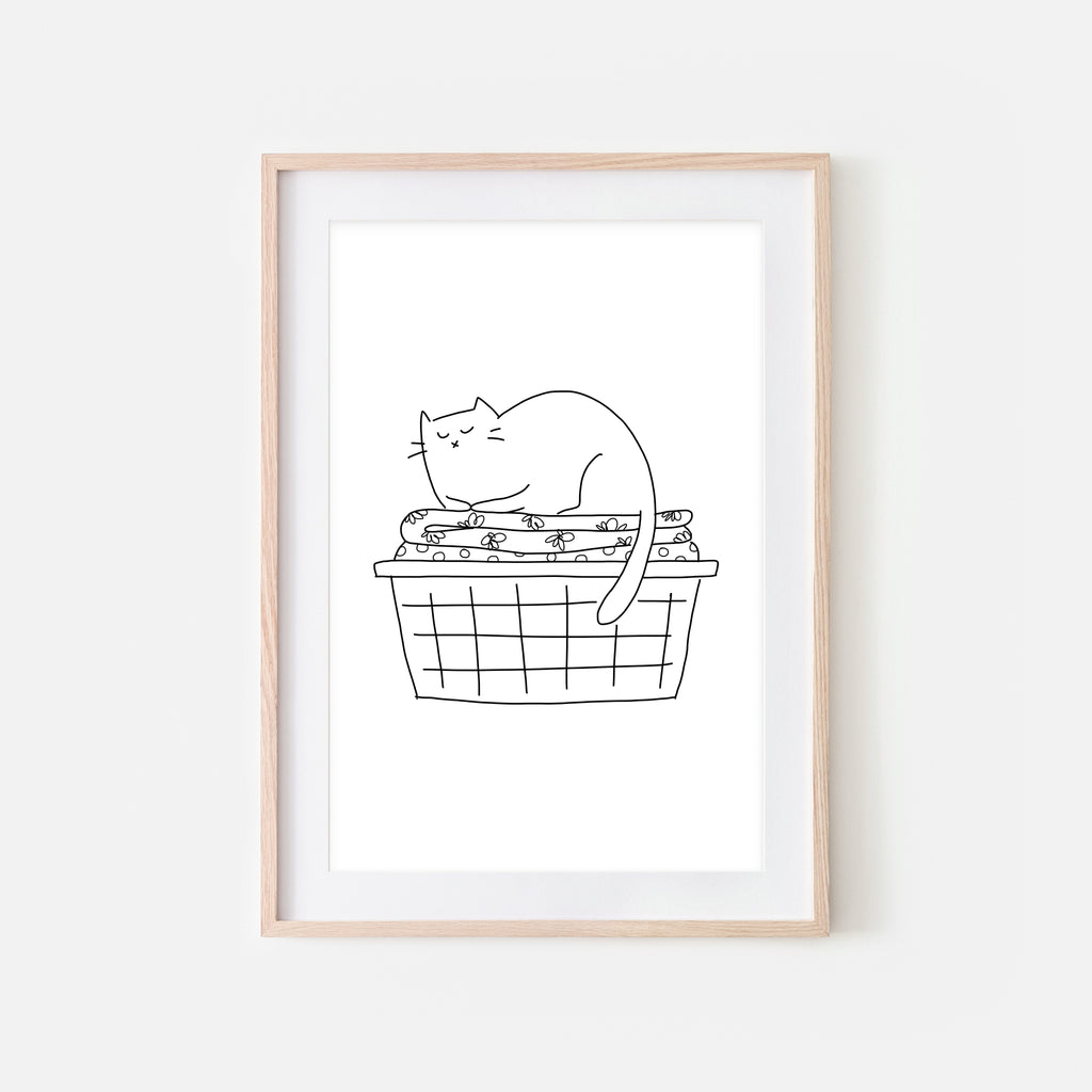 White Cat in Folded Laundry Basket - Funny Laundry Room Decor - Printable Wall Art